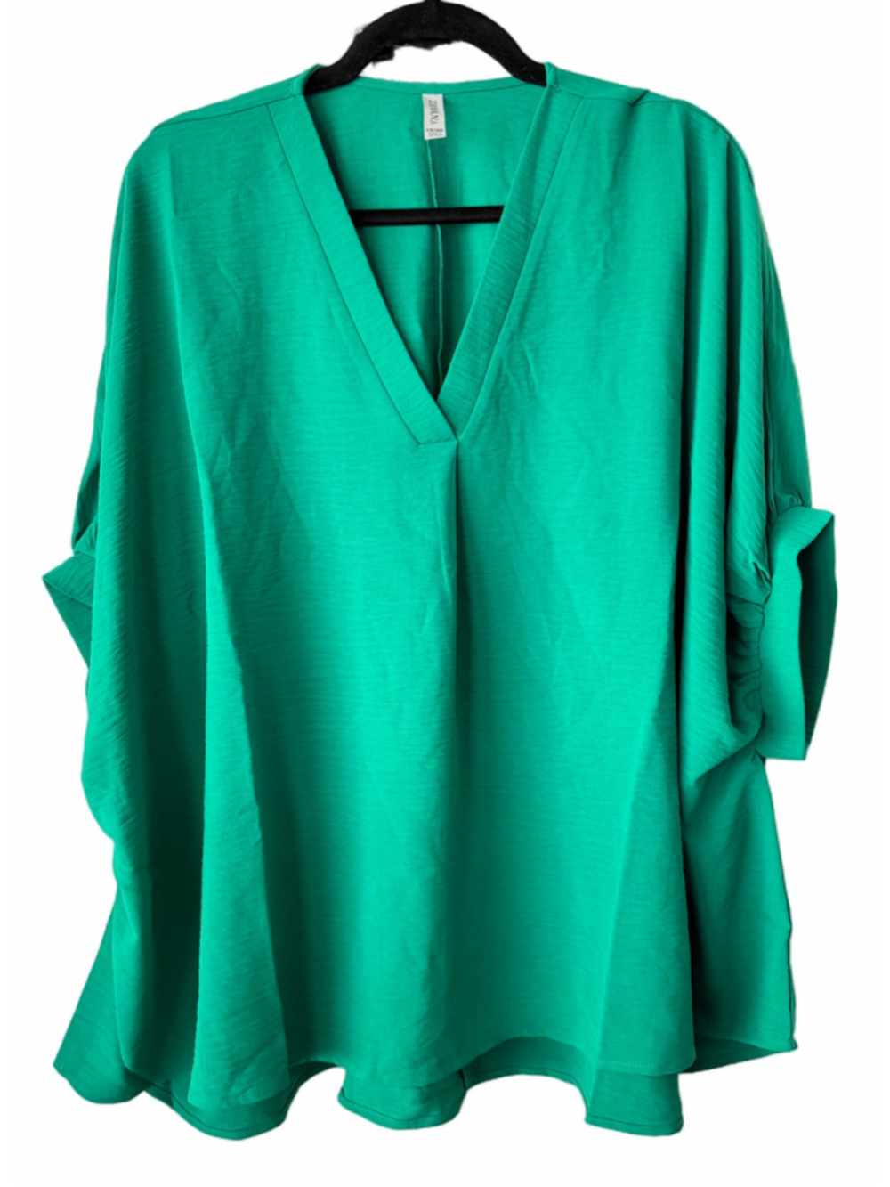 Women's Zenana Kelly Green V-Neck Cuffed Sleeve Air Flow Blouse Plus Size 1X/2X